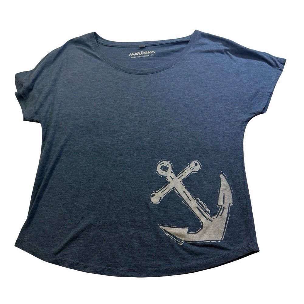 Marushka TShirt Women's Size L/XL Blue Sailor Anchor Short Sleeve Tee Hand Print